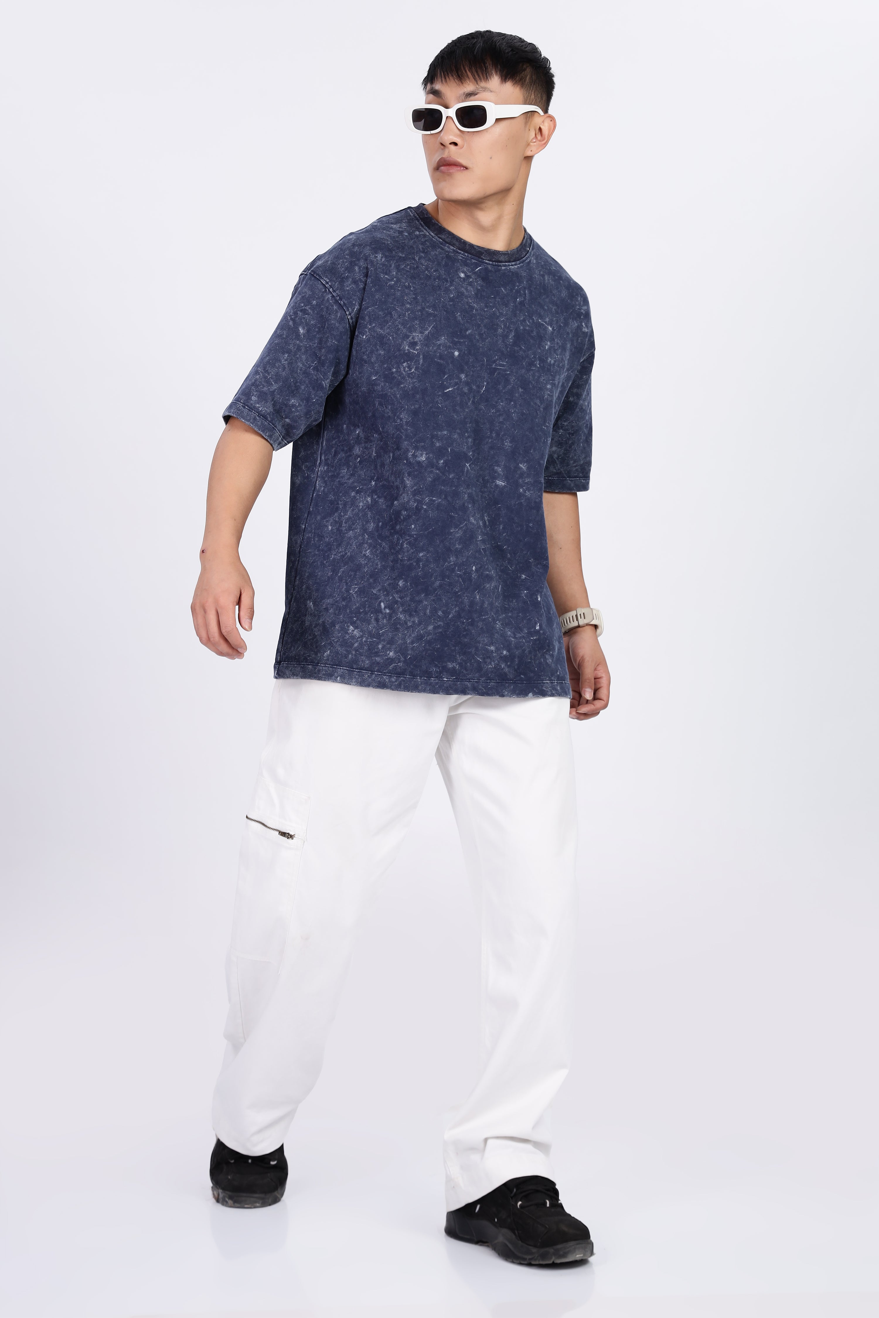 Navy Blue Acid Washed Oversized T-Shirt