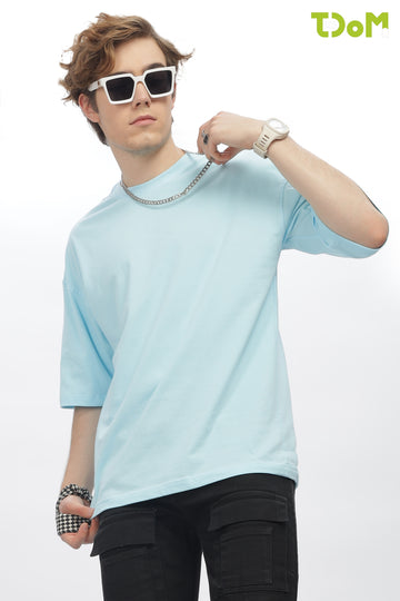 Light Blue Round Neck Premium French Terry Oversized T-Shirt
