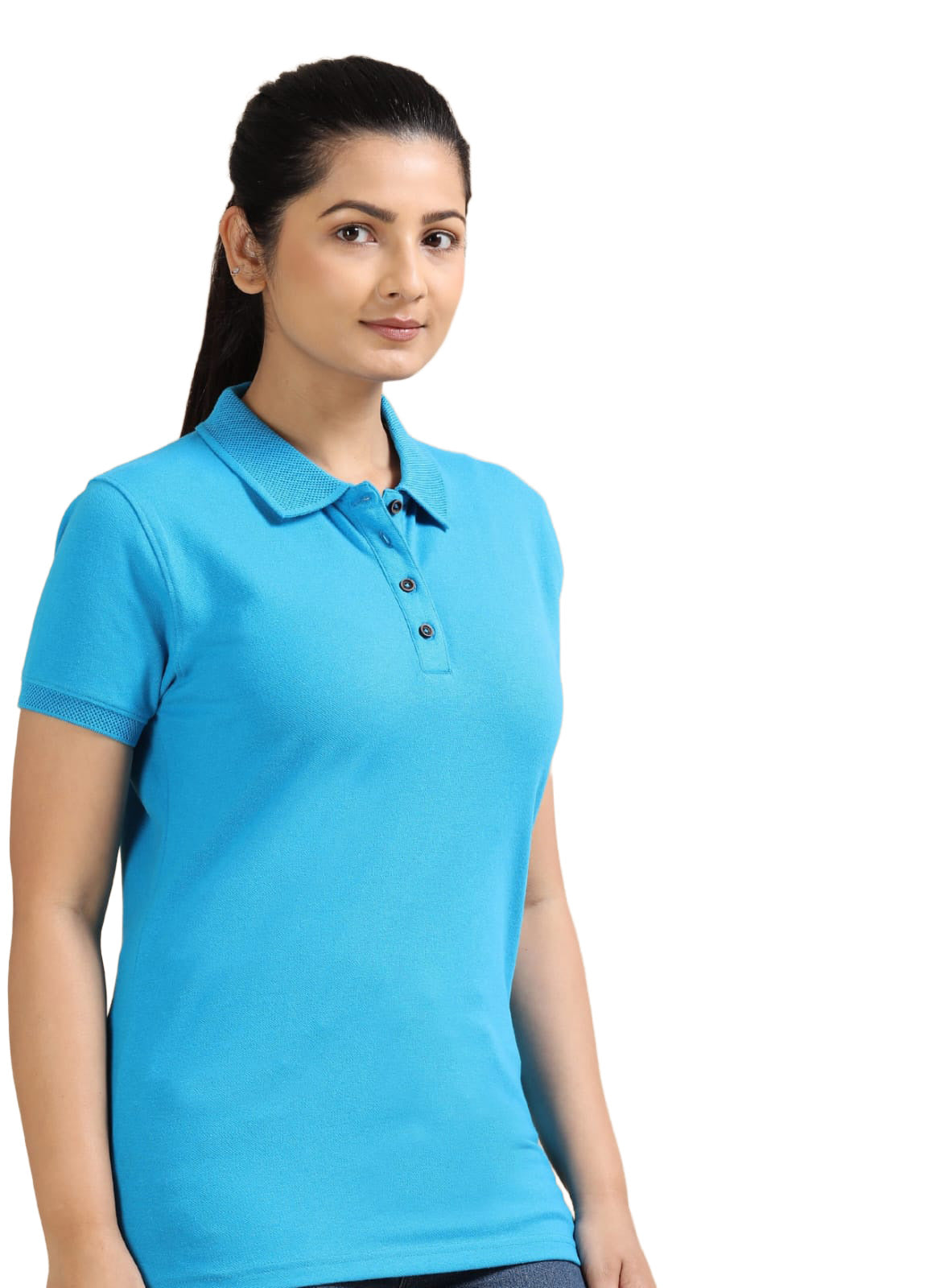 TDOM Women’s Aqua Blue Jacquard Polo T-Shirt