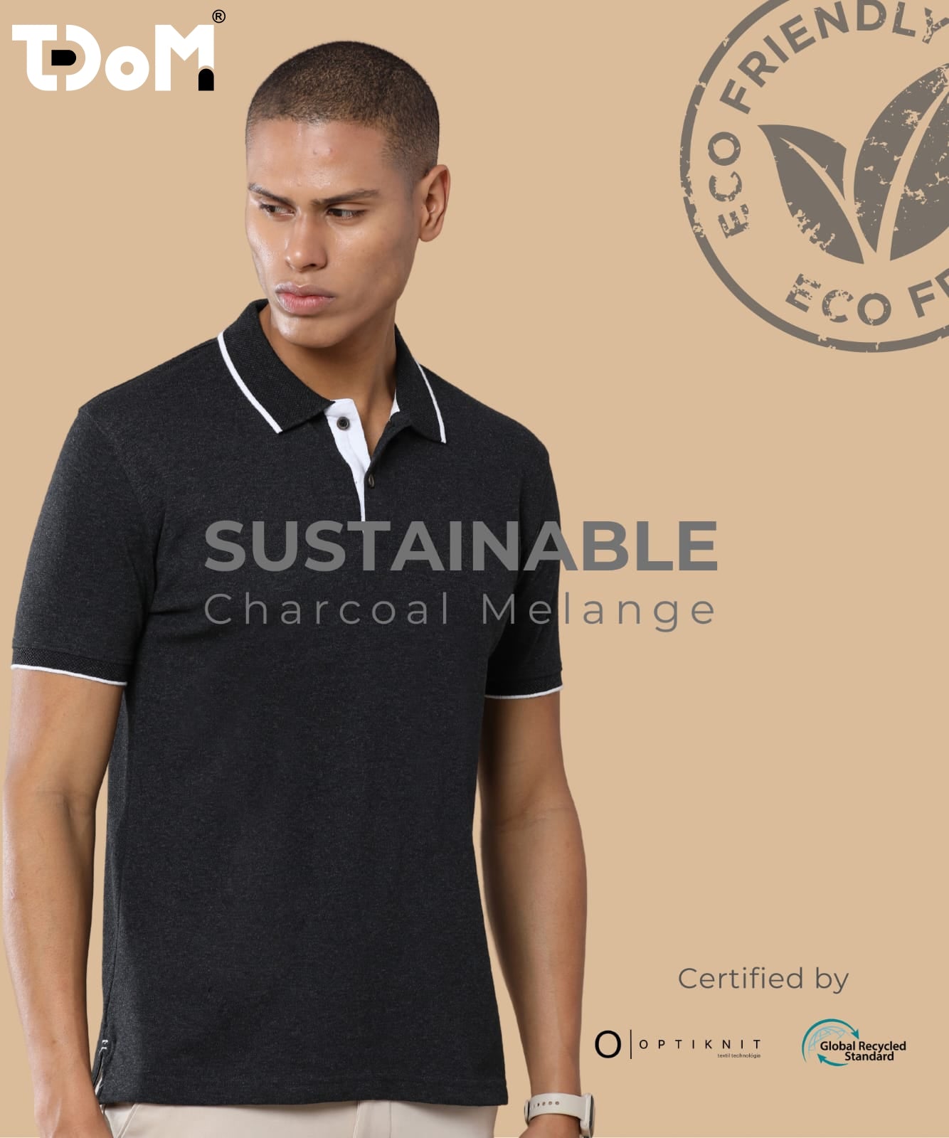 TDOM Men’s Charcoal Melange Sustainable Jacquard Polo T-Shirt