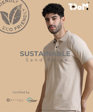 TDOM Men’s Sand Beige Sustainable Jacquard Polo T-Shirt