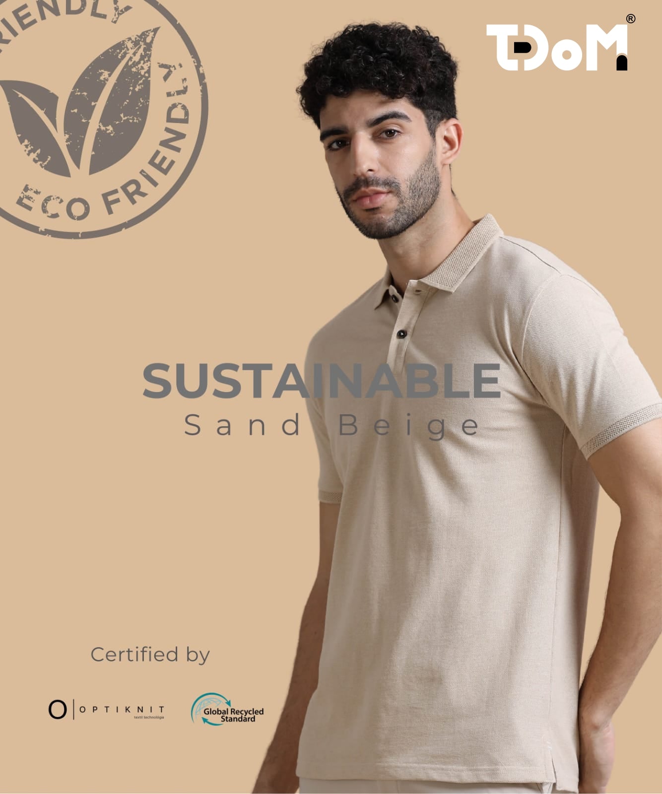 TDOM Men’s Sand Beige Sustainable Jacquard Polo T-Shirt