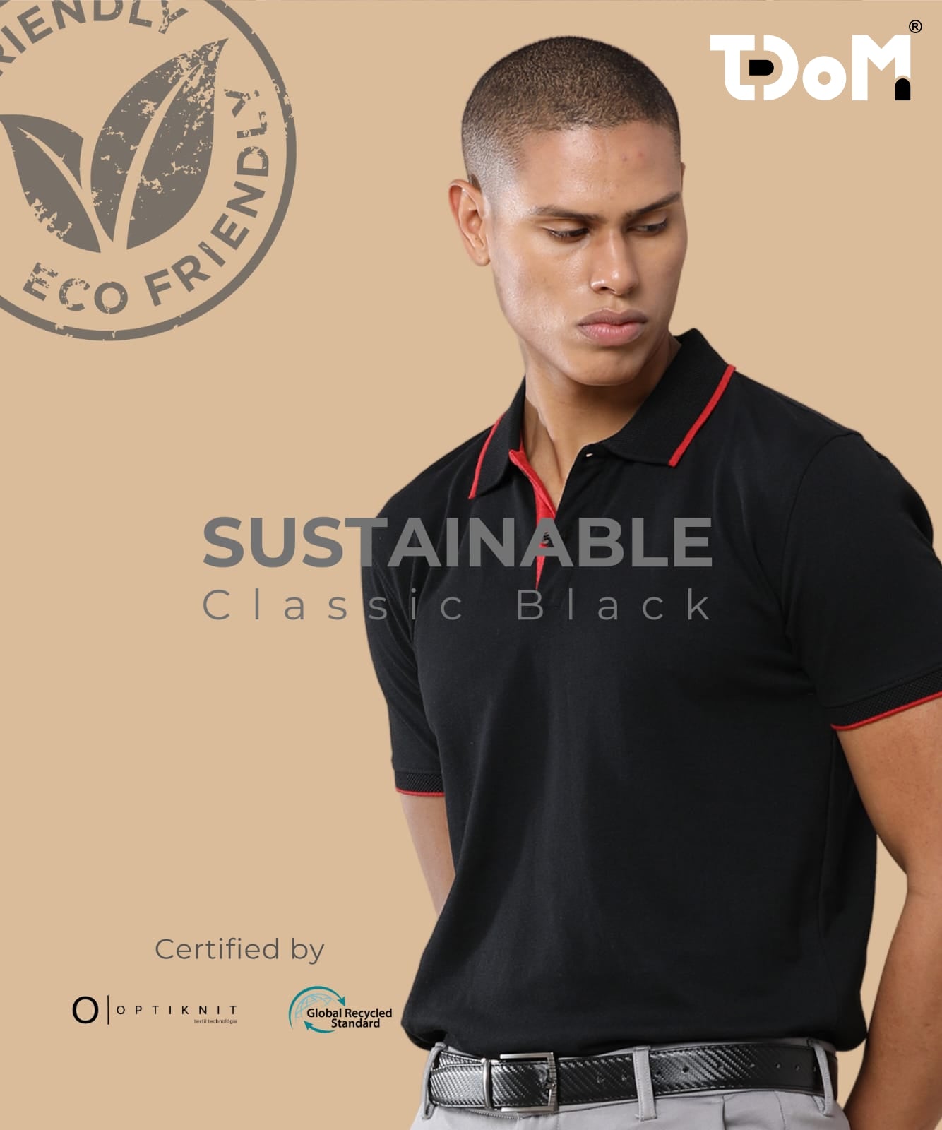 TDOM Men’s Classic Black Sustainable Jacquard Polo T-Shirt