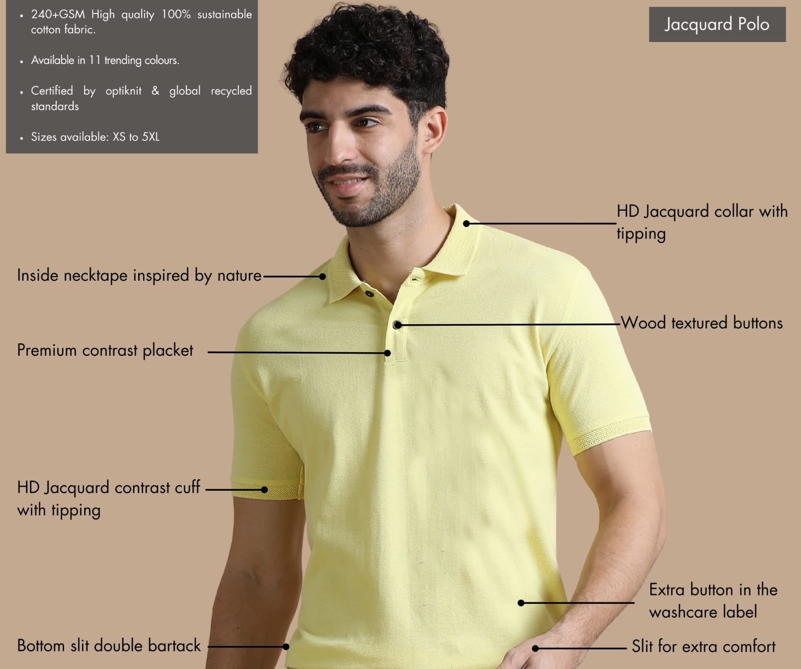 TDOM Men’s Sunrise Yellow Sustainable Jacquard Polo T-Shirt