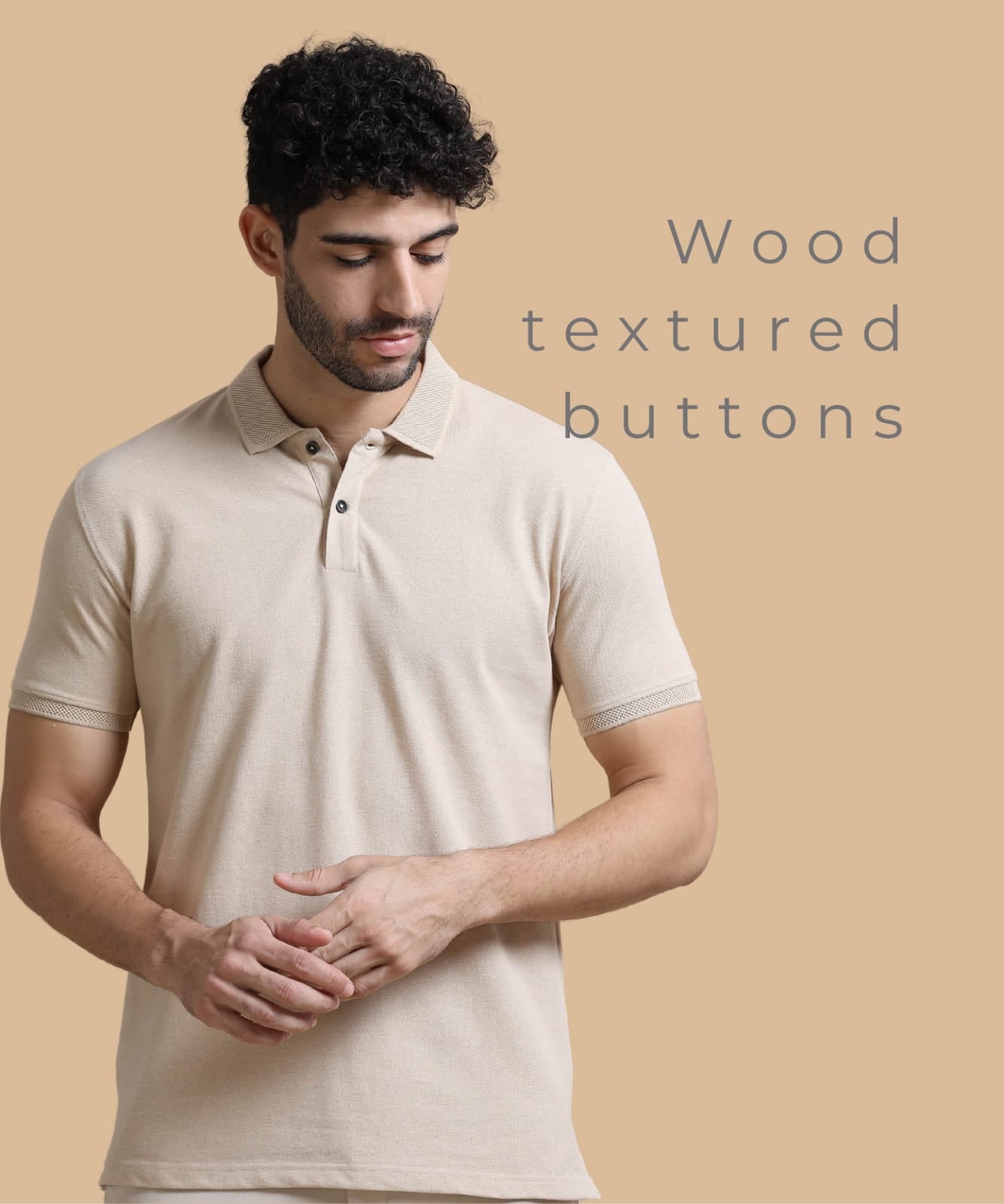TDOM Men’s Sand Beige Sustainable Jacquard Polo T-Shirt
