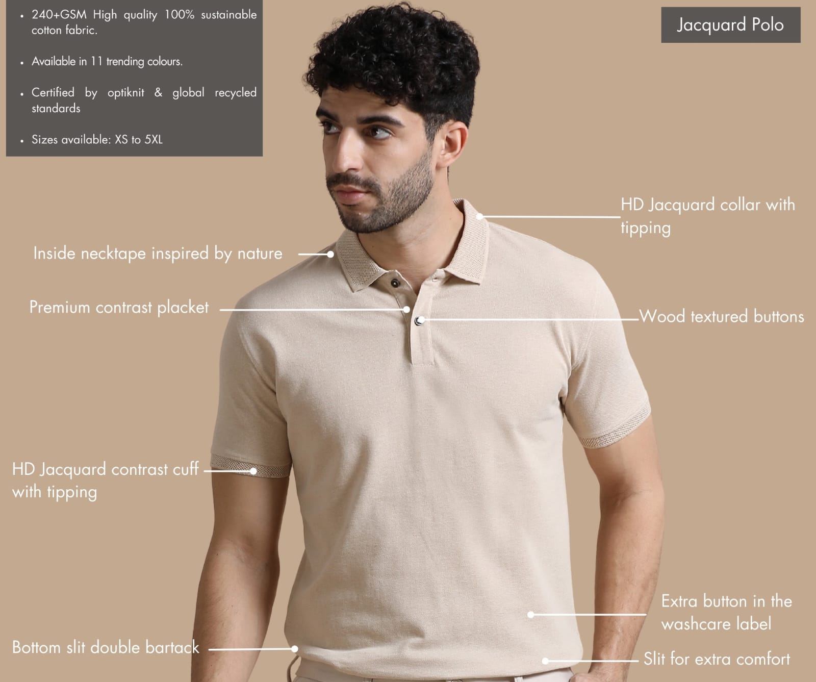 TDOM Men’s Sand Beige Sustainable Jacquard Polo T-Shirt