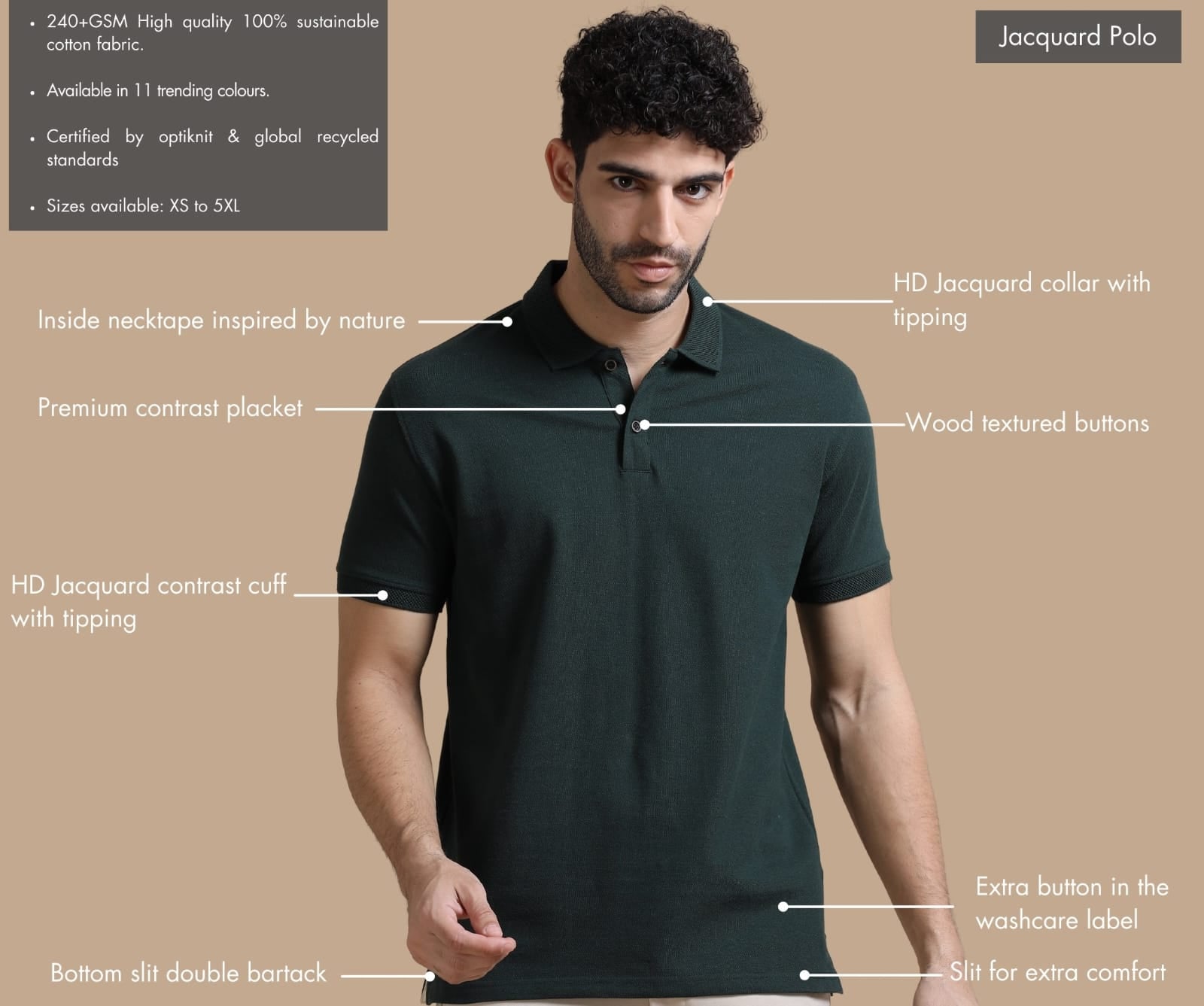 TDOM Men’s Forest Green Sustainable Jacquard Polo T-Shirt