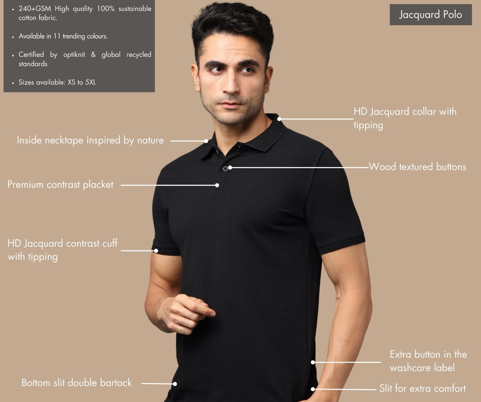 TDOM Men’s Black Sustainable Jacquard Polo T-Shirt