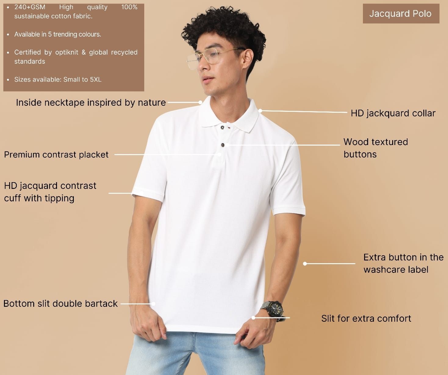 TDOM Men’s White Sustainable Jacquard Polo T-Shirt