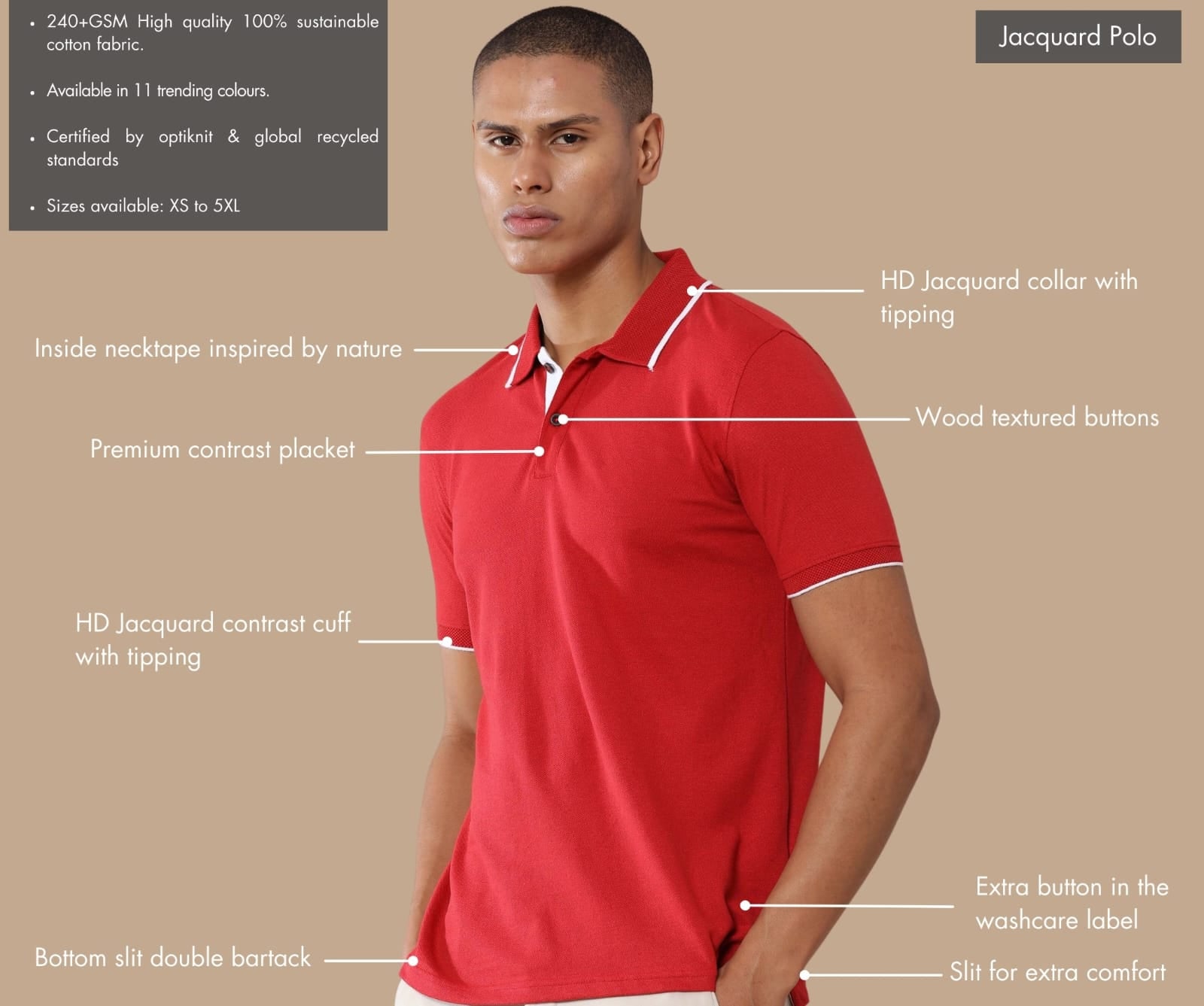 TDOM Men’s Heather Red Sustainable Jacquard Polo T-Shirt