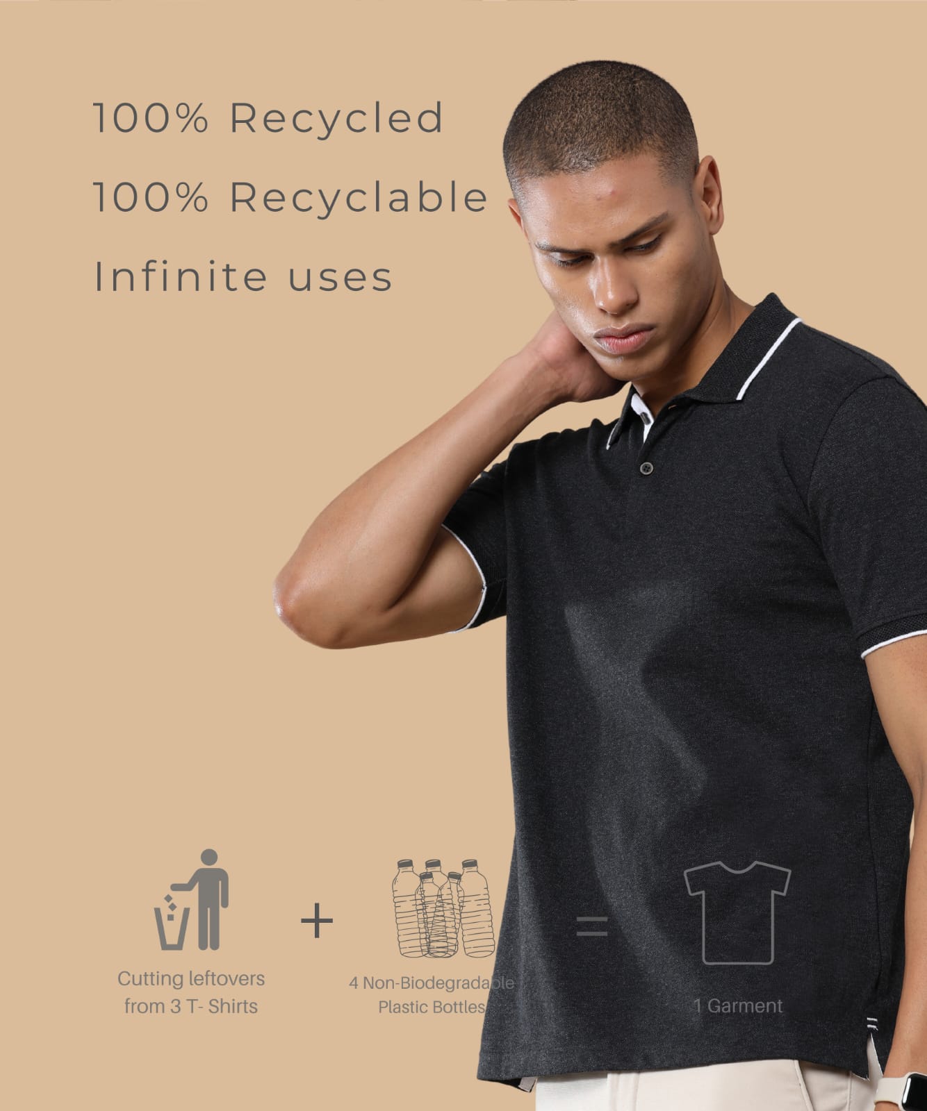 TDOM Men’s Charcoal Melange Sustainable Jacquard Polo T-Shirt