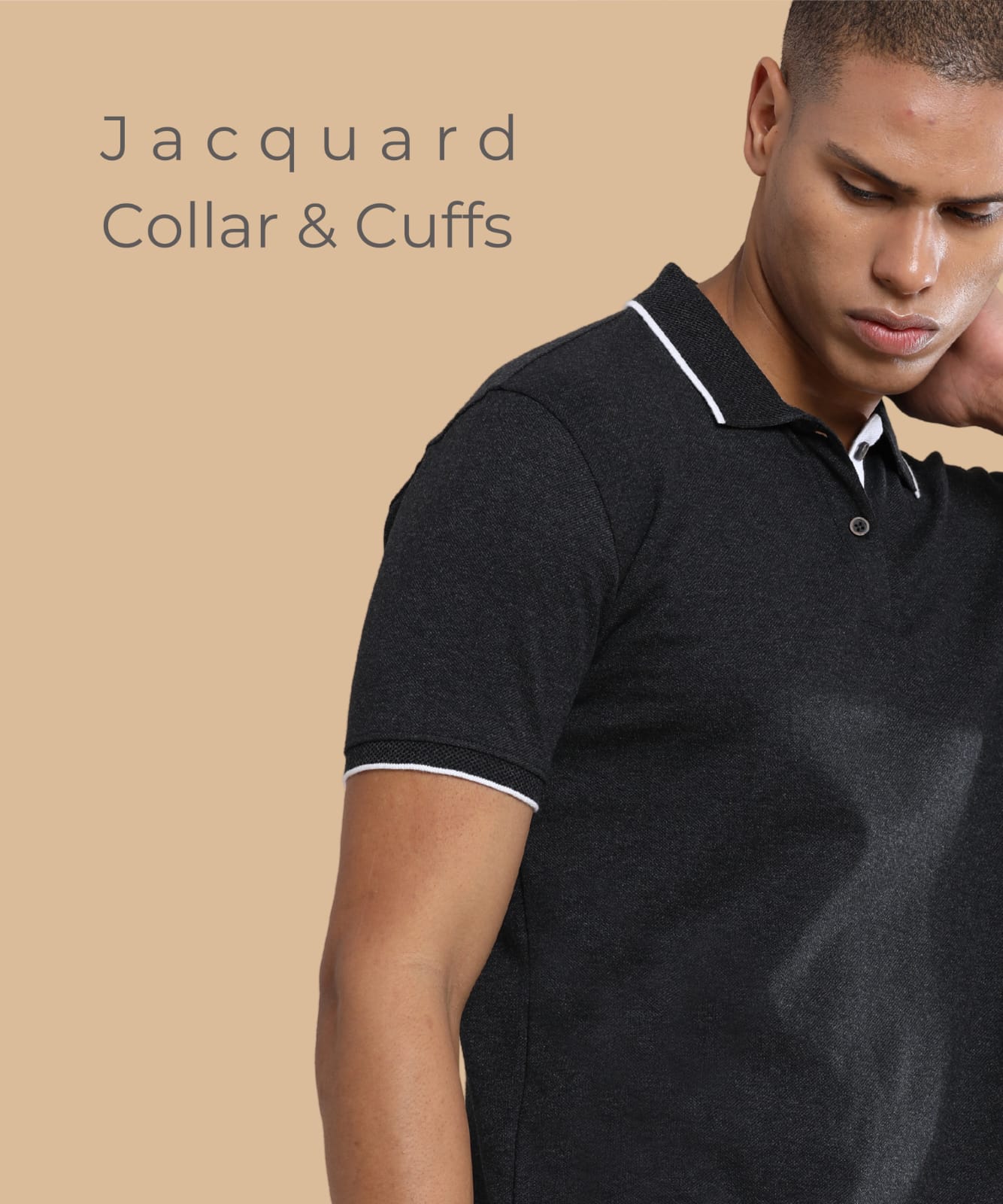 TDOM Men’s Charcoal Melange Sustainable Jacquard Polo T-Shirt