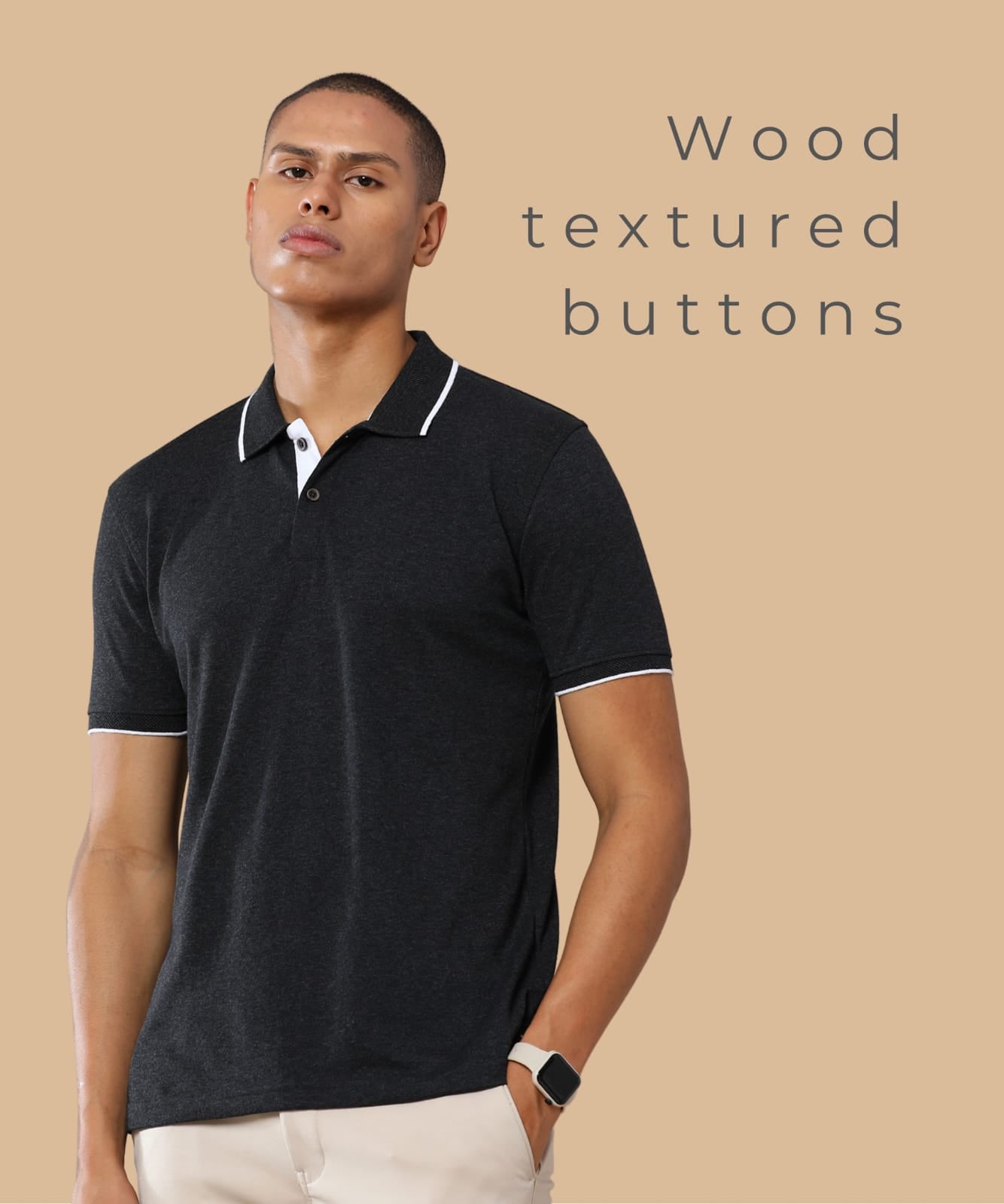 TDOM Men’s Charcoal Melange Sustainable Jacquard Polo T-Shirt