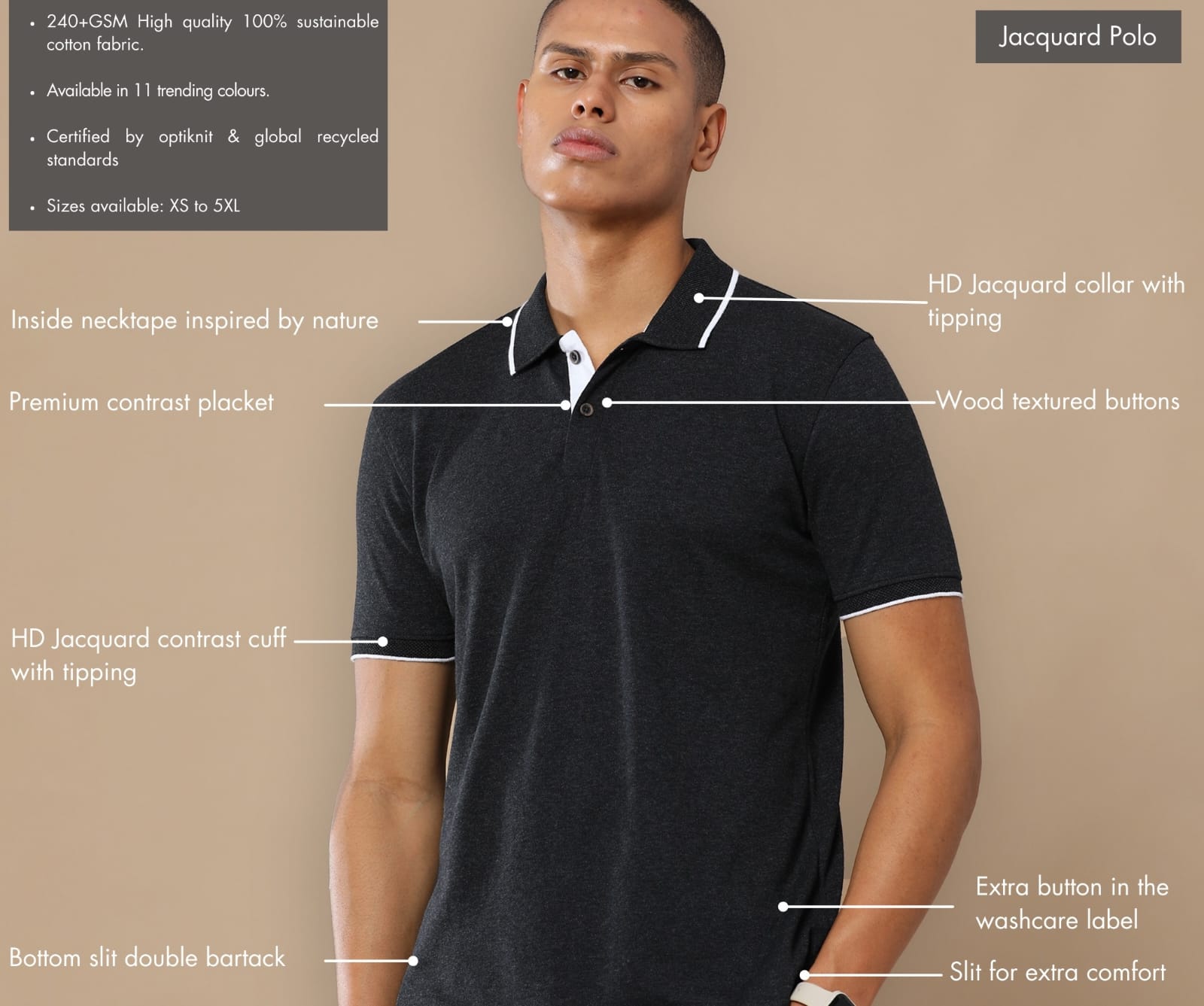 TDOM Men’s Charcoal Melange Sustainable Jacquard Polo T-Shirt