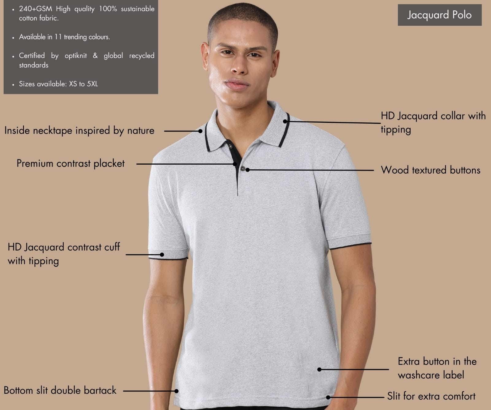 TDOM Men’s Heather Grey Sustainable Jacquard Polo T-Shirt