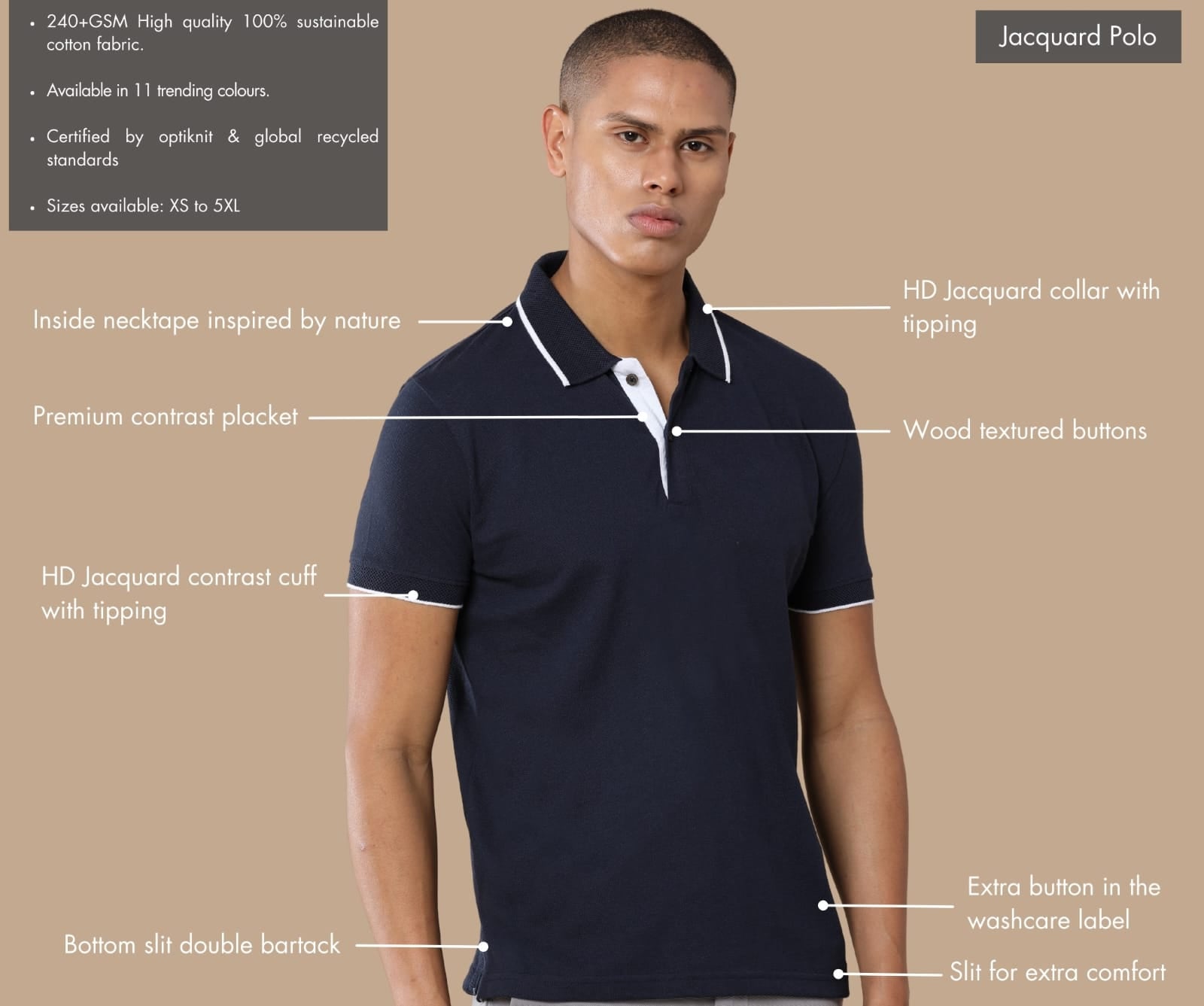 TDOM Men’s Midnight Navy Sustainable Jacquard Polo T-Shirt