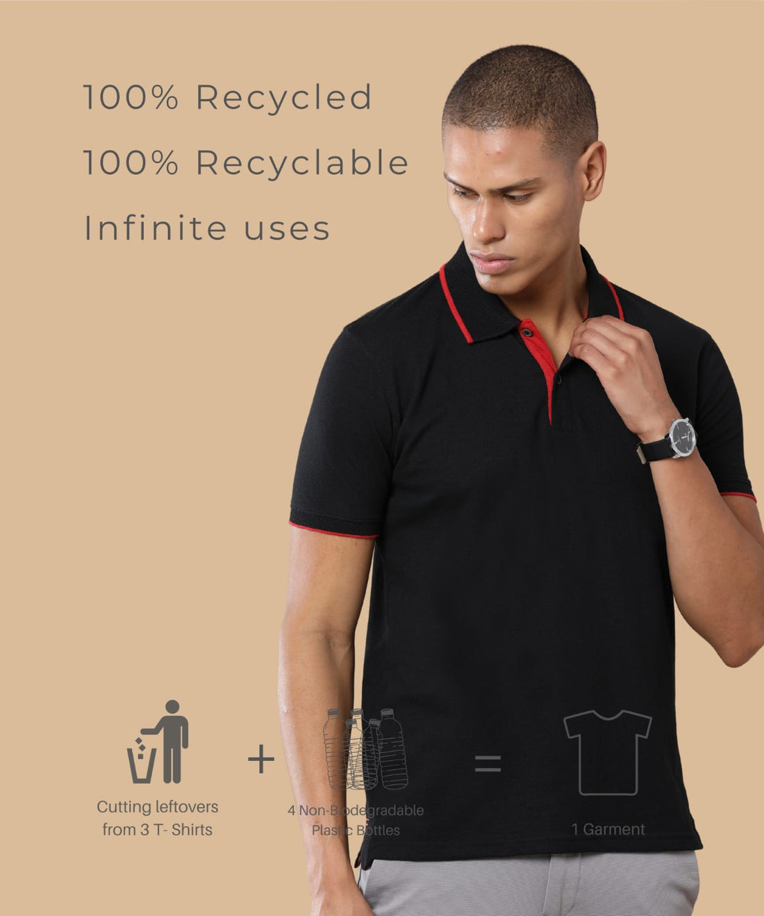 TDOM Men’s Classic Black Sustainable Jacquard Polo T-Shirt