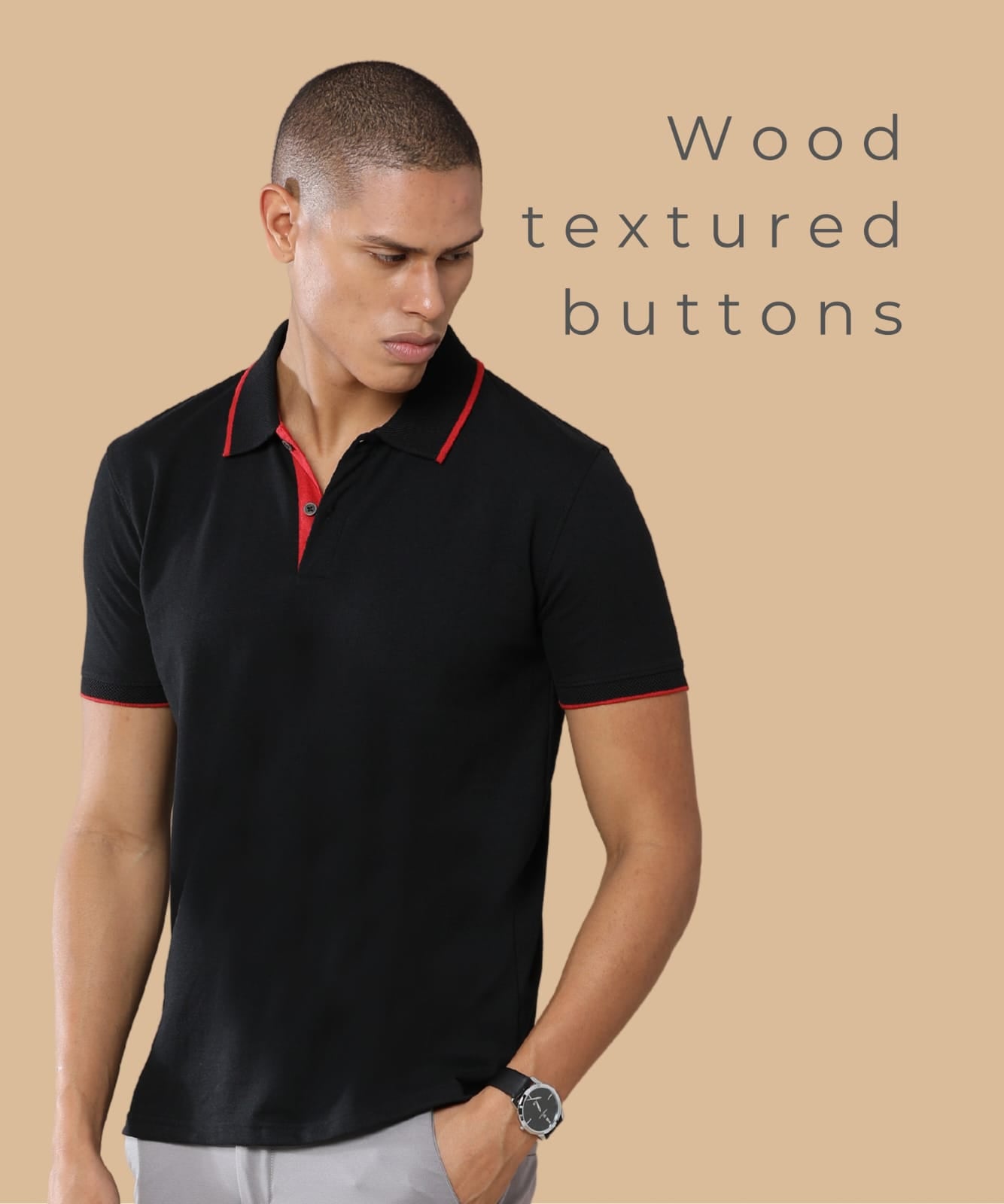 TDOM Men’s Classic Black Sustainable Jacquard Polo T-Shirt