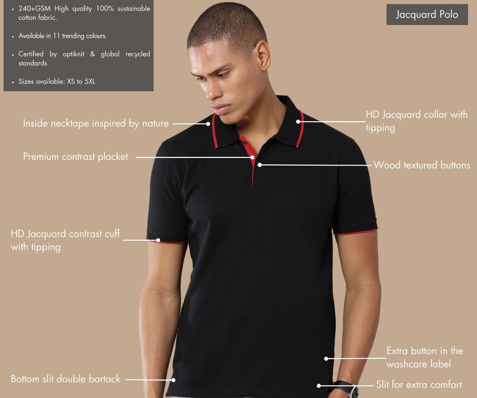 TDOM Men’s Classic Black Sustainable Jacquard Polo T-Shirt
