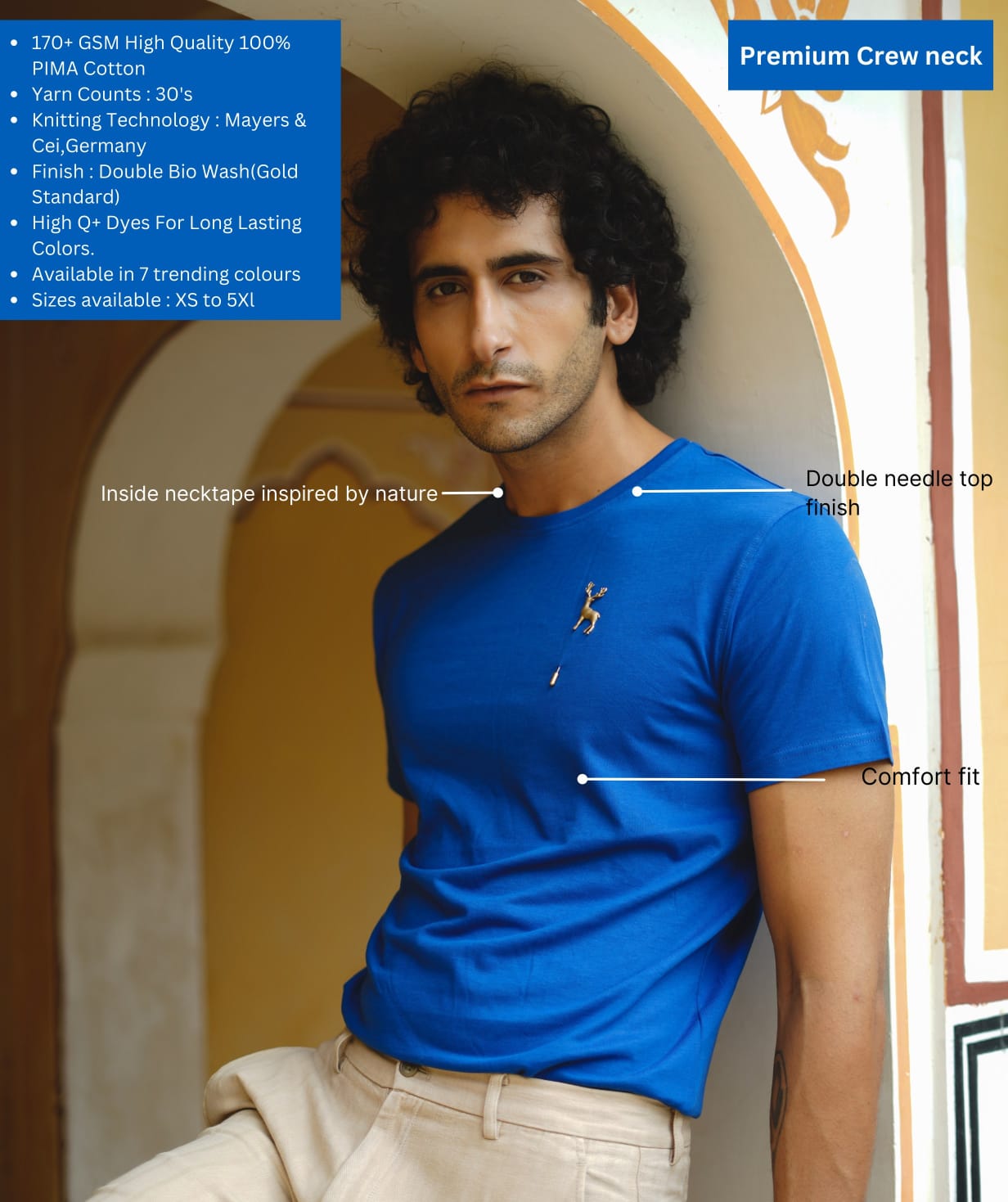 TDOM Premium PIMA Imperial Blue Crew Neck T-Shirt