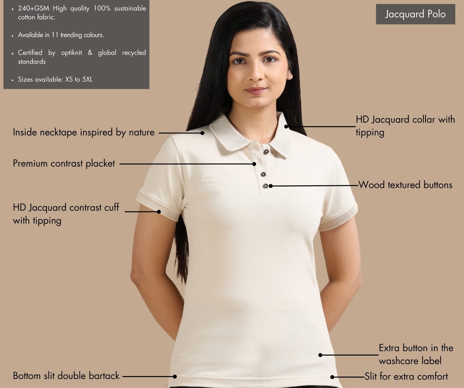 TDOM Women’s Sand Beige Jacquard Polo T-Shirt