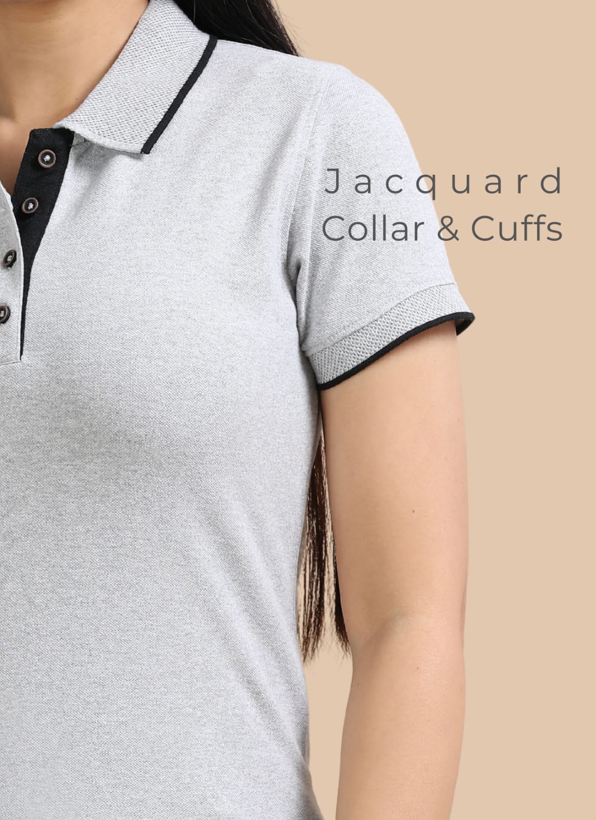 TDOM Women’s Heather Grey Jacquard Polo T-Shirt
