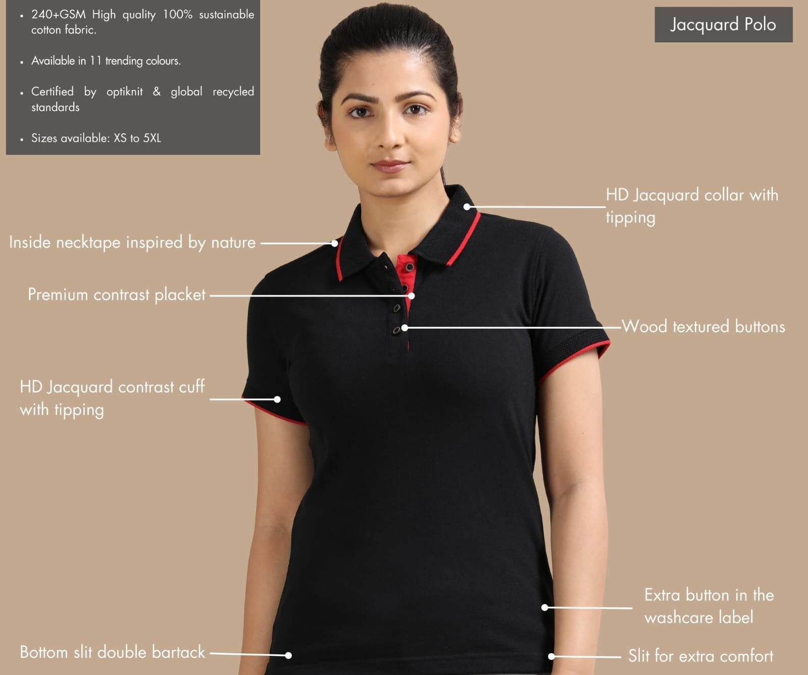 TDOM Women’s Classic Black - 2 Jacquard Polo T-Shirt