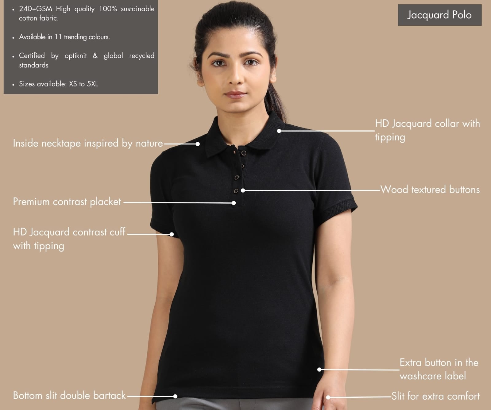 TDOM Women’s Classic Black Jacquard Polo T-Shirt