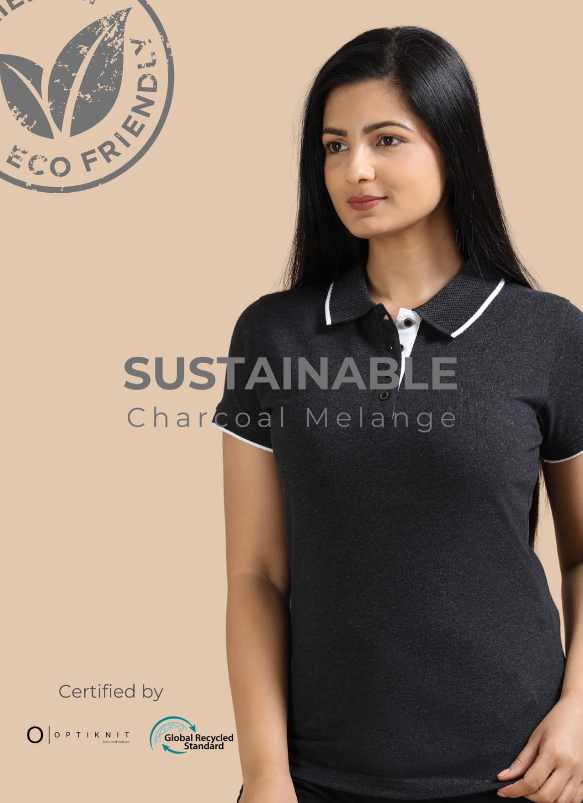 TDOM Women’s Charcoal melange Jacquard Polo T-Shirt