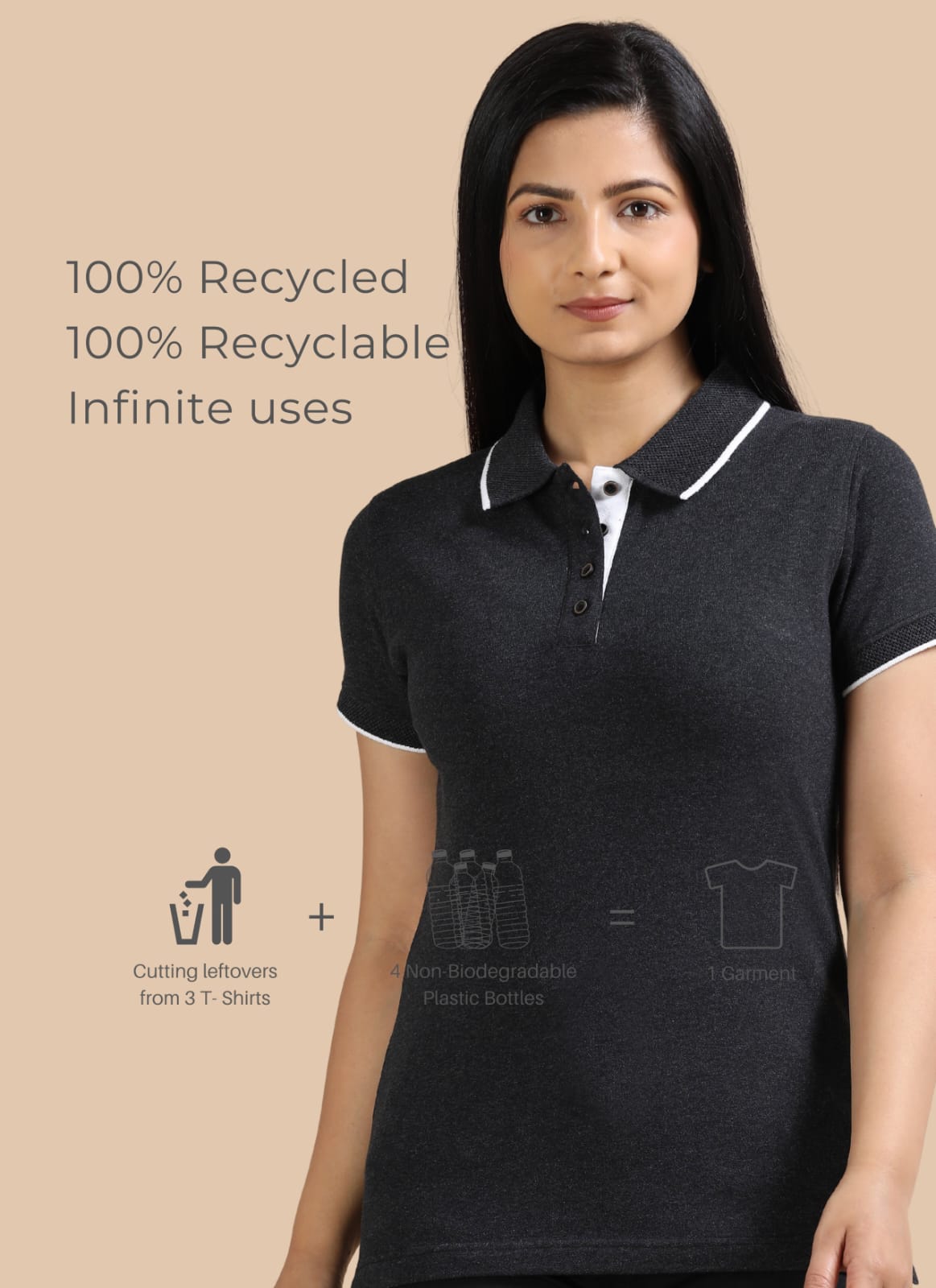 TDOM Women’s Charcoal melange Jacquard Polo T-Shirt