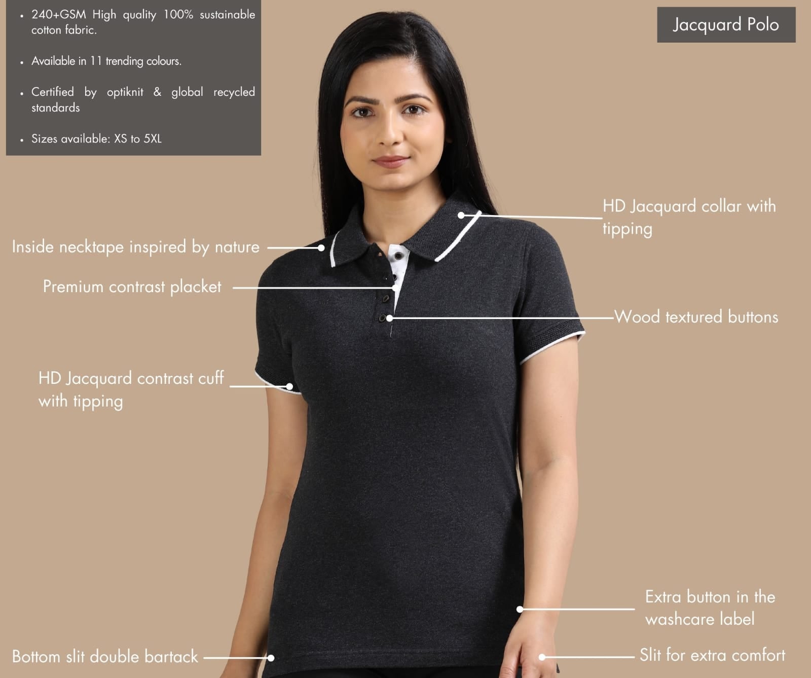 TDOM Women’s Charcoal melange Jacquard Polo T-Shirt