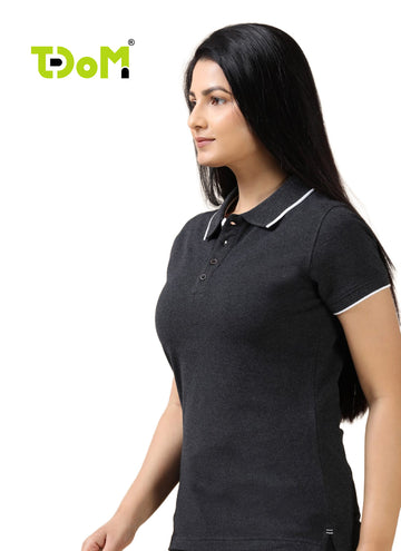 TDOM Women’s Charcoal melange Jacquard Polo T-Shirt