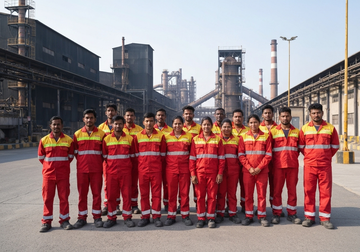 Industrial factory workers wearing
custom safety uniforms and
workwear